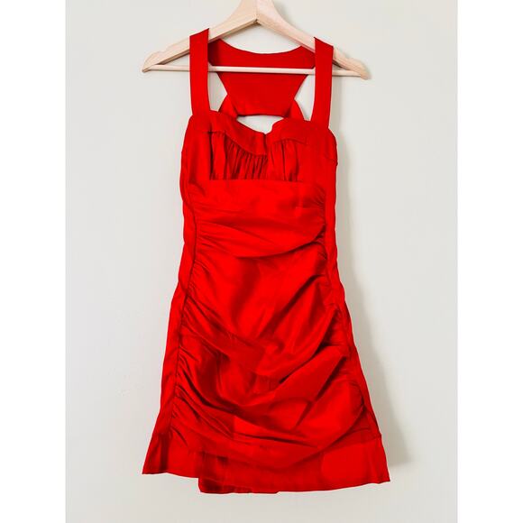 Jessica McClintock Red Mini Cocktail Dress Bodycon Satin 6 Open Back Bandage - Picture 3 of 6